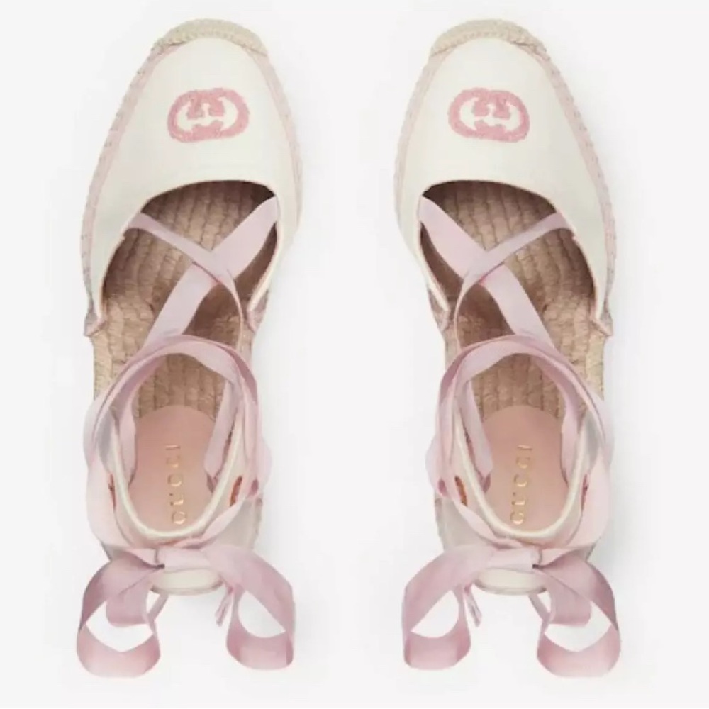 Gucci Pink Interlocking Judit Pink Ribbon Wedges Shoes - Picture 5 of 5